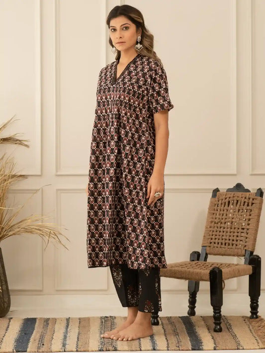 Black Block Print Kurta Set