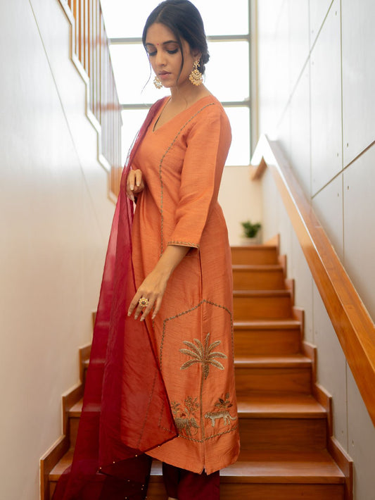 Dreamy Peach Embroidered Kurta Set