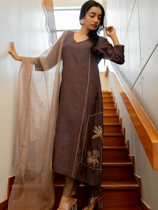 Earthy Brown Embroidered Kurta Set