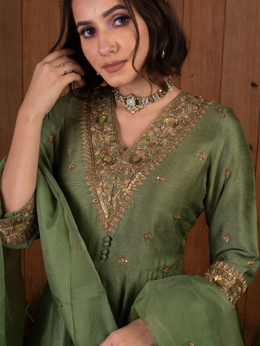 Green Embroidery Anarkali Set