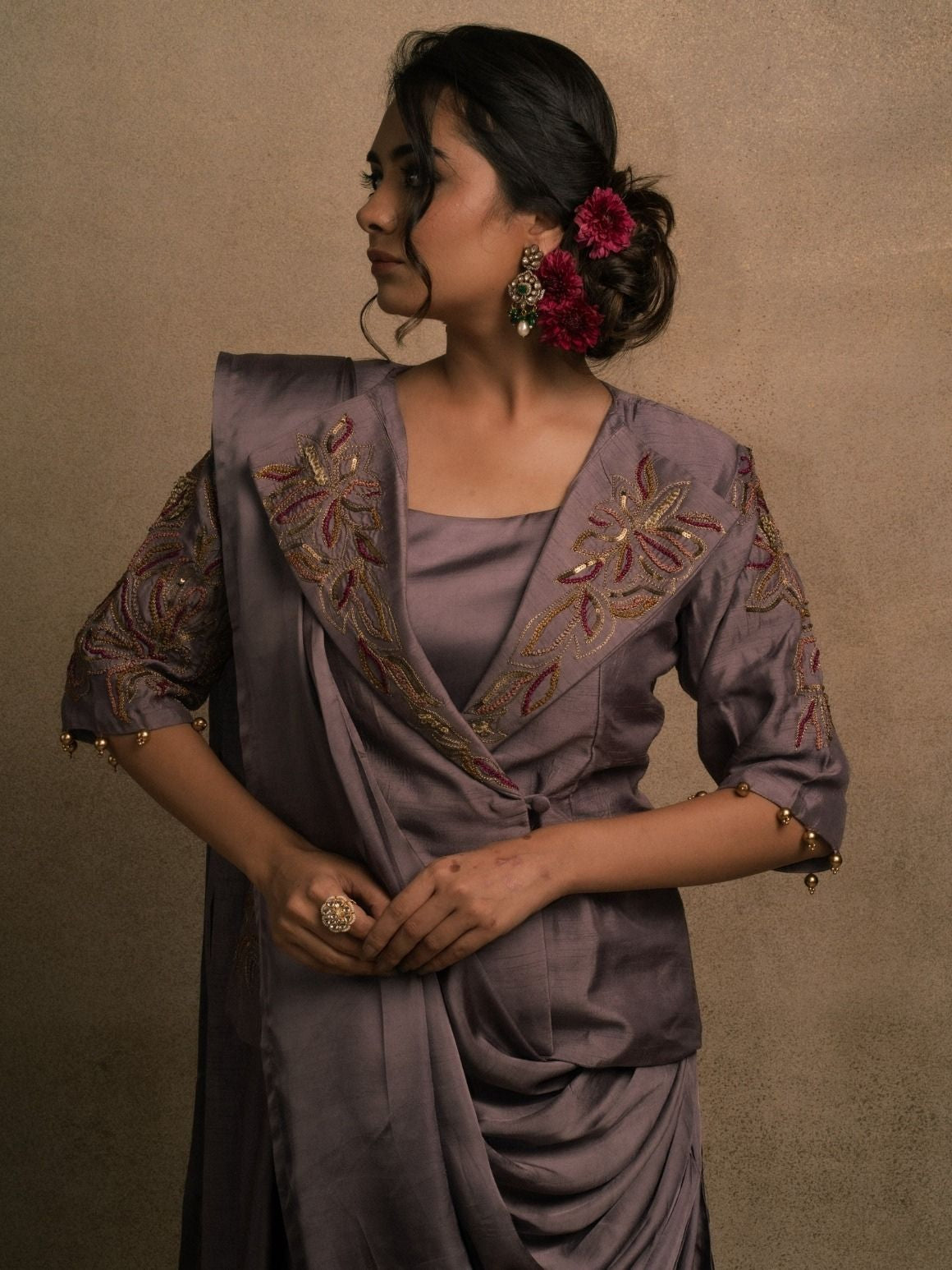 Meraki Mauve Blazer Drape Saree