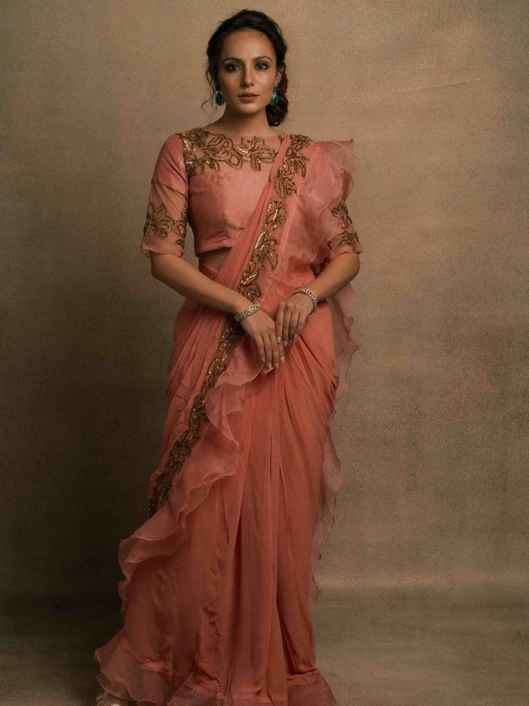 Meraki Peach Ruffle Drape Saree