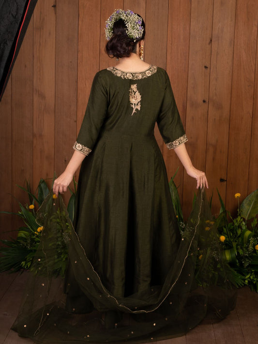 Olive Zardozi Anarkali Set – Women’s Ethnic Wear