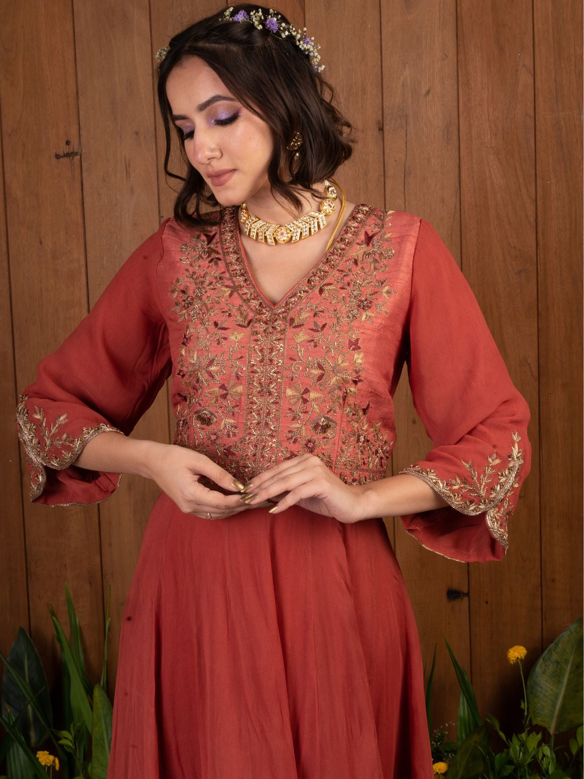 Peach Thread Work Anarkali Set