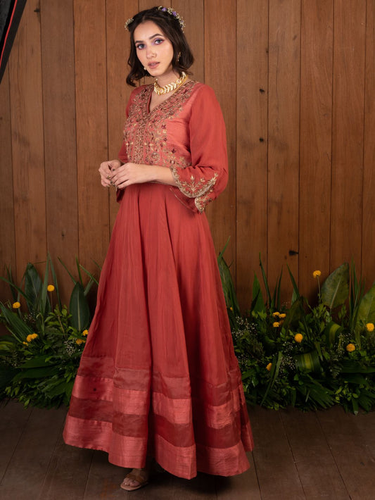 Peach Thread Work Anarkali Set