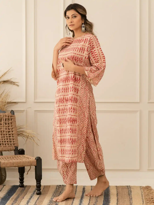 लाल ब्लॉक प्रिंट कुर्ता