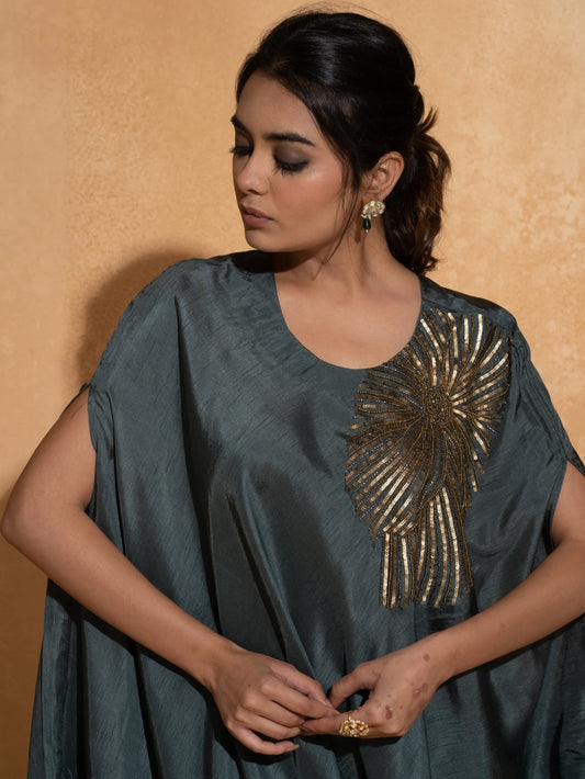 Steel Blue Side Embroidery Kaftan