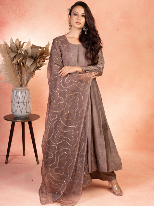 Steel Brown Anarkali Set