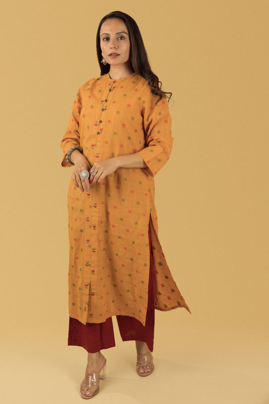 Dark Beige Emb Kurta Set