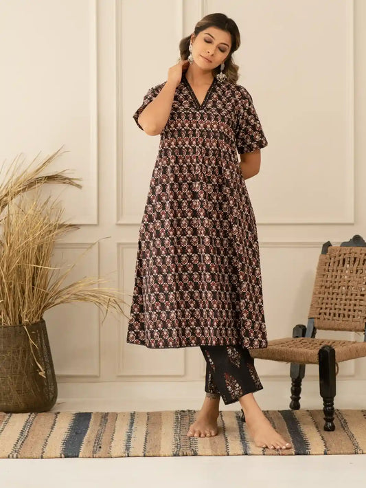 Black Block Print Kurta Set