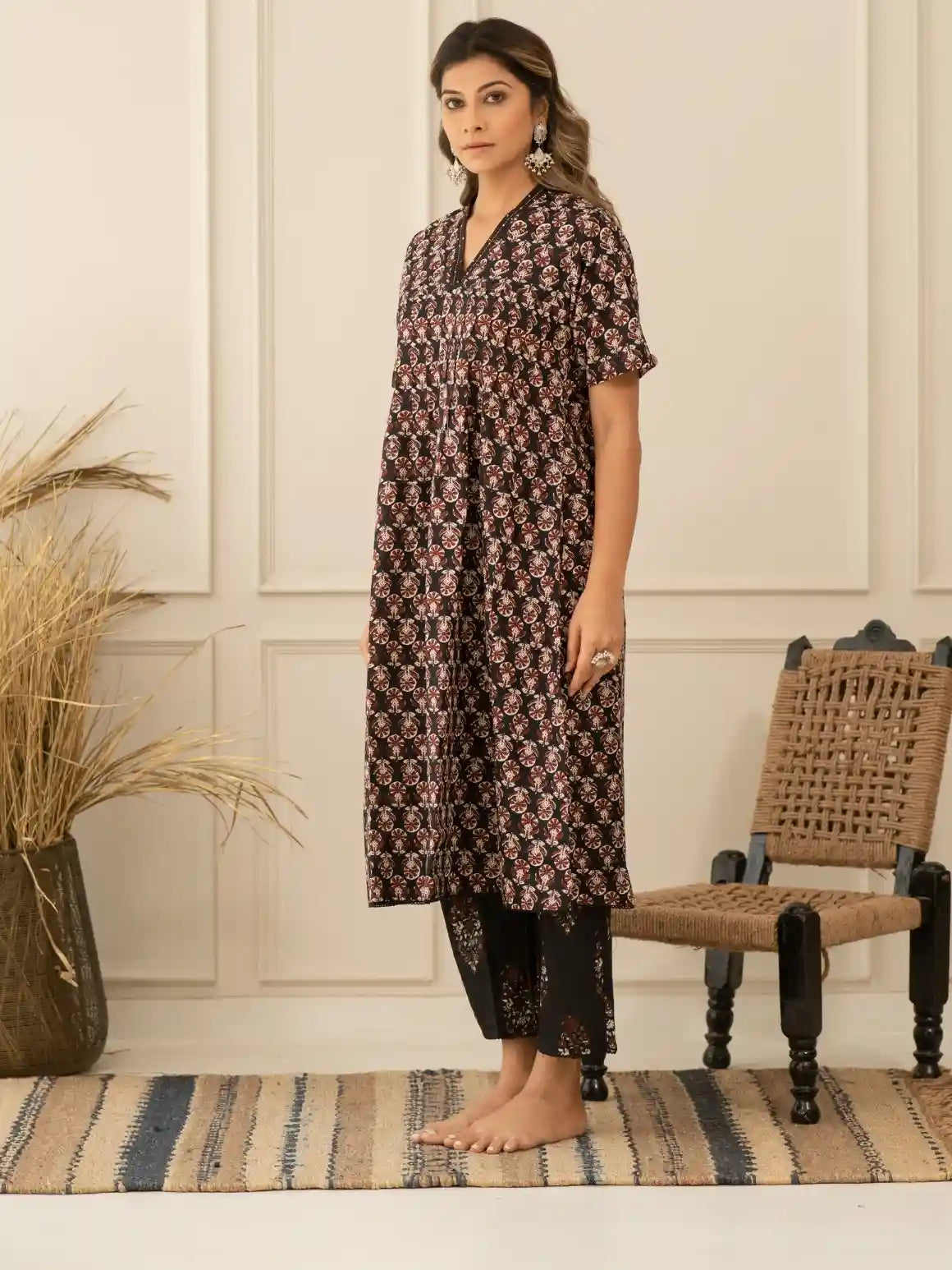 Black Block Print Kurta Set
