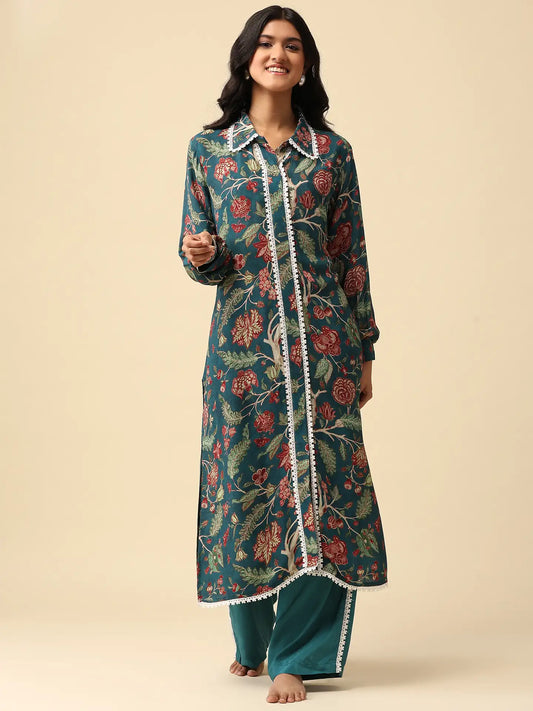 Botanica Teal Kurta Set for woman| By WoS