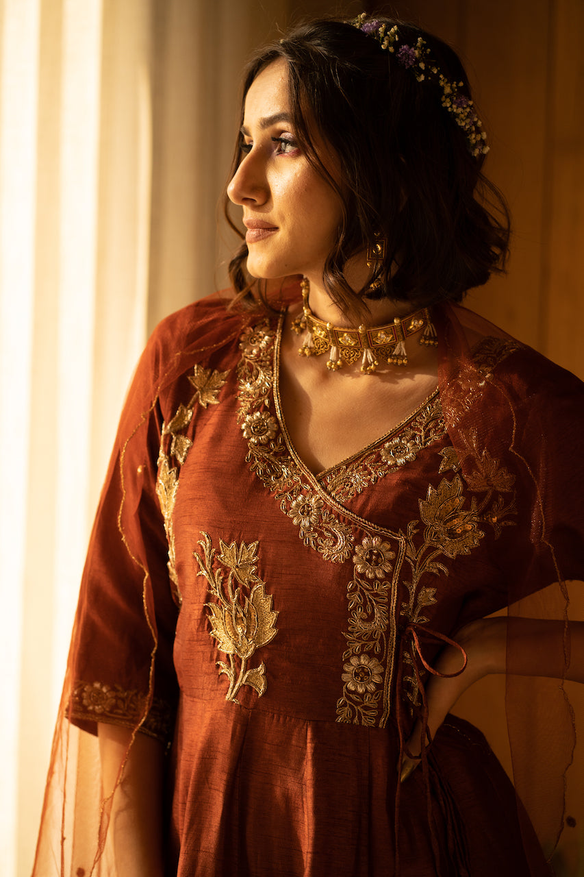 Brown Zardozi Anarkali Set