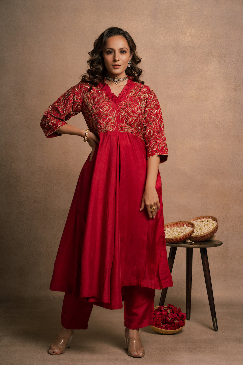 Cherry Frill Red Kurta Set