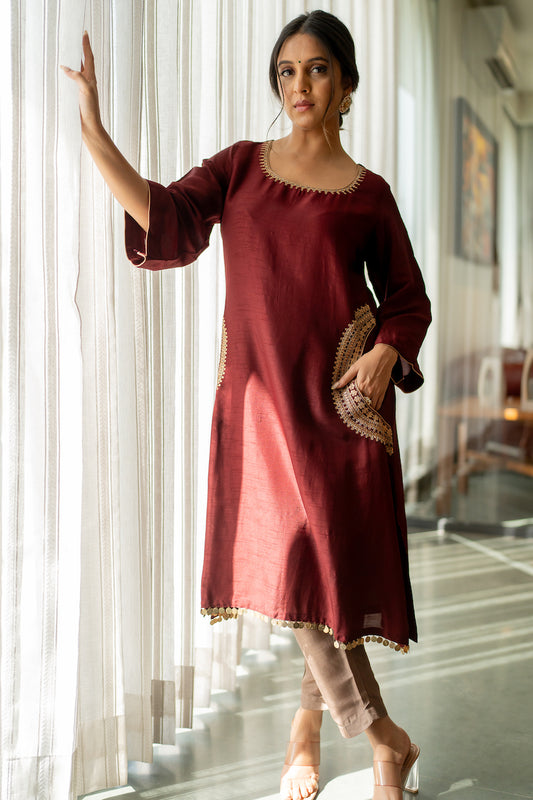 Maroon Serenity Side pocket Kurta set