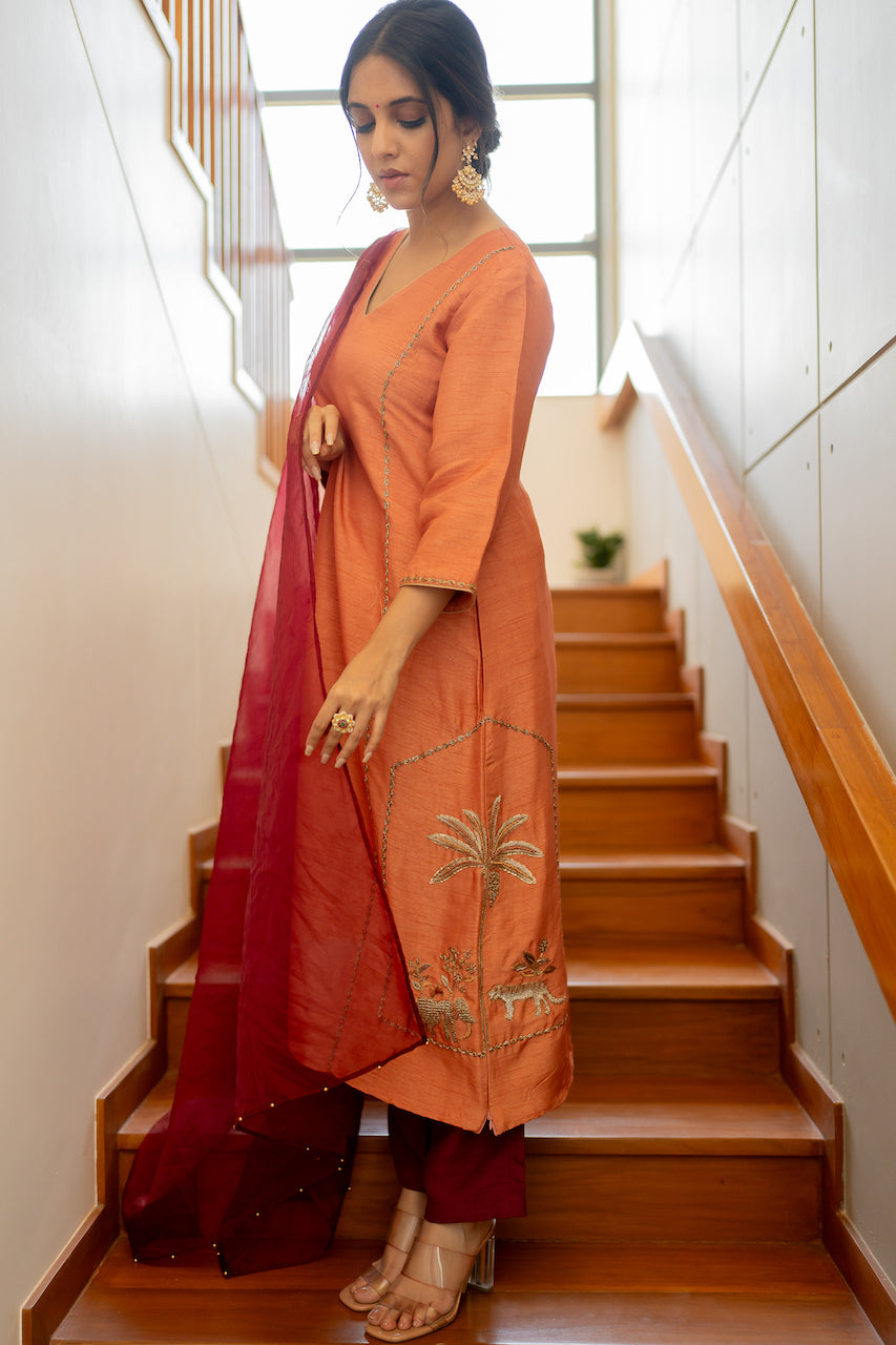 Dreamy Peach Embroidered Kurta Set