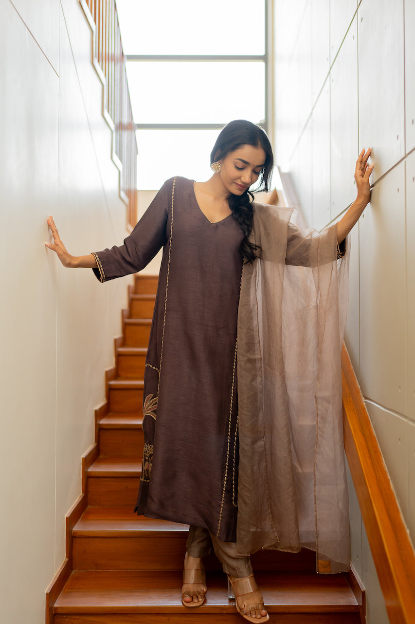 Earthy Brown Embroidered Kurta Set