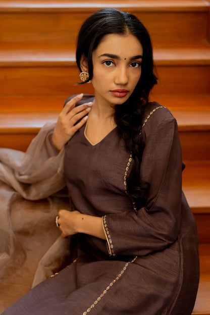 Earthy Brown Embroidered Kurta Set