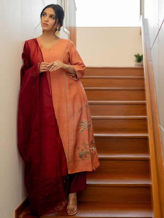 Dreamy Peach Embroidered Kurta Set