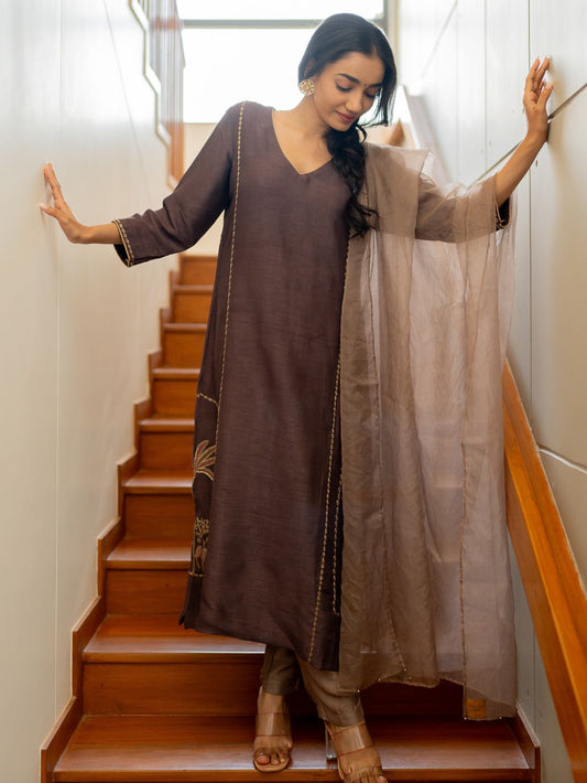 Earthy Brown Embroidered Kurta Set