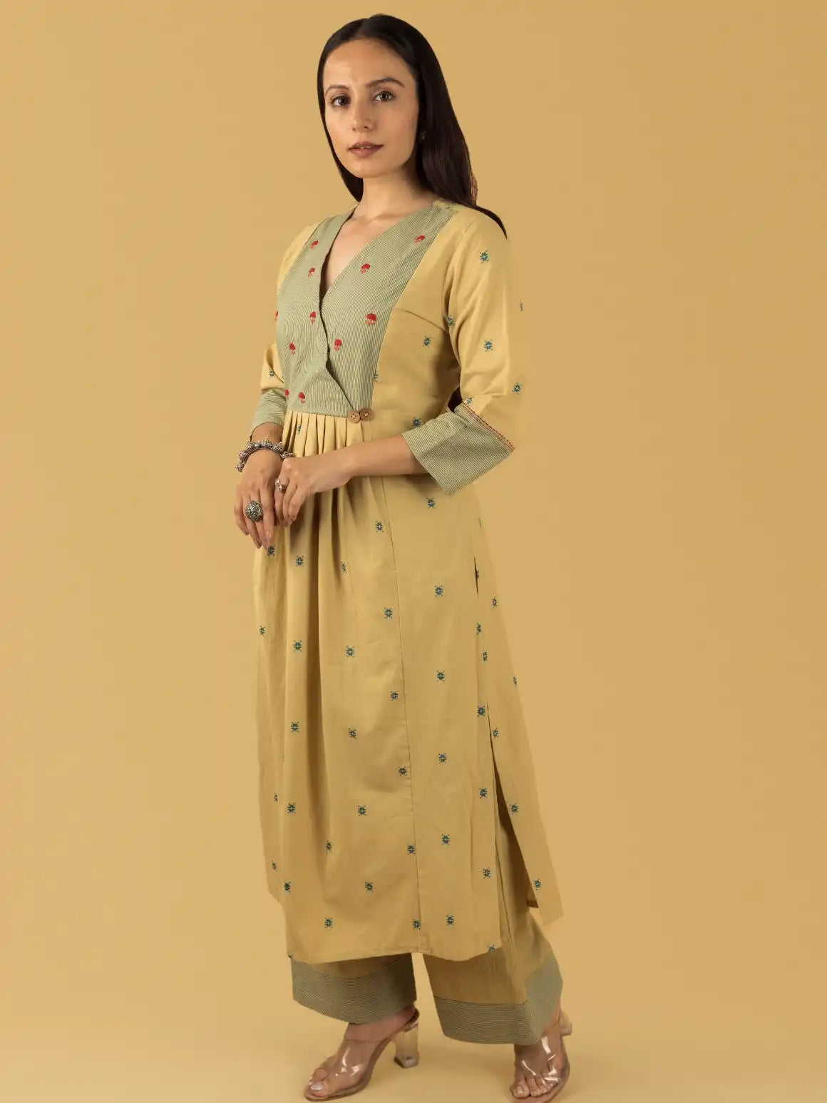 Fawn Yellow Khadi Emb Set