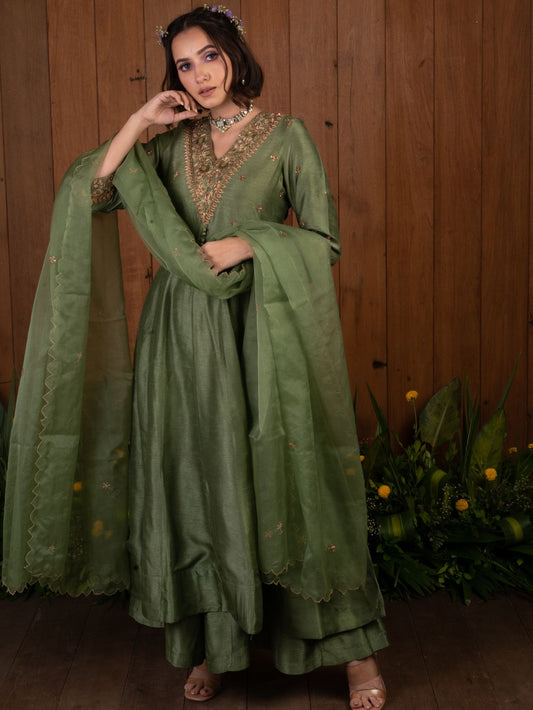 Green Embroidery Anarkali Set