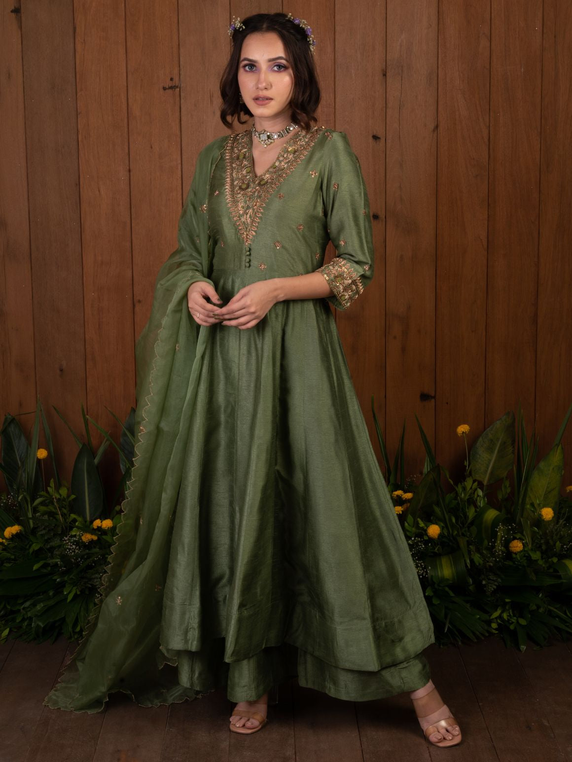 Green Embroidery Anarkali Set