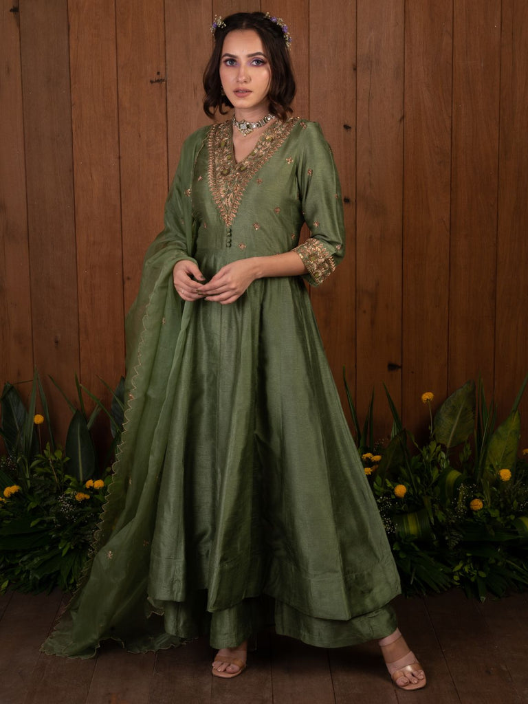 Green Embroidery Anarkali Set