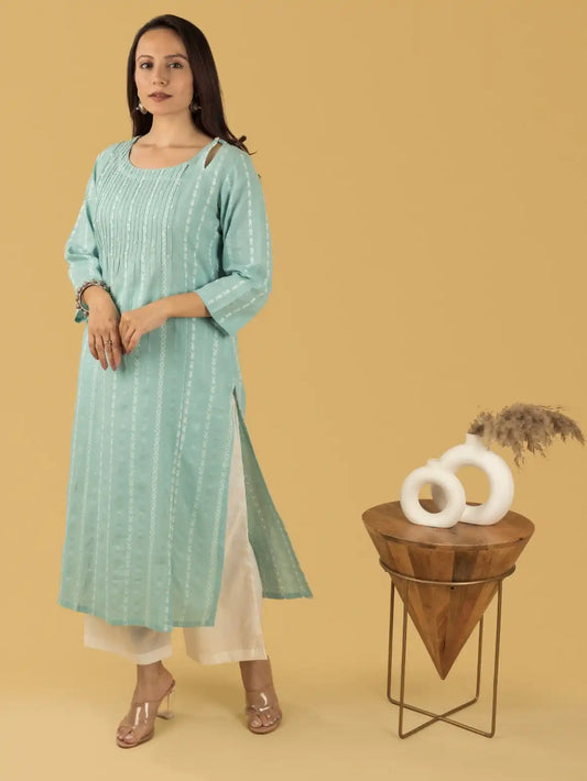 हरा फ़िरोज़ा खादी एम्ब सेट