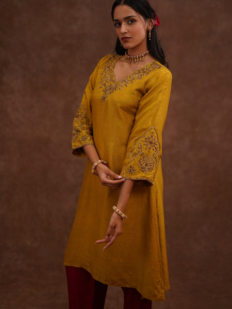 Mustard Yellow Embroidered kurta  For Woman