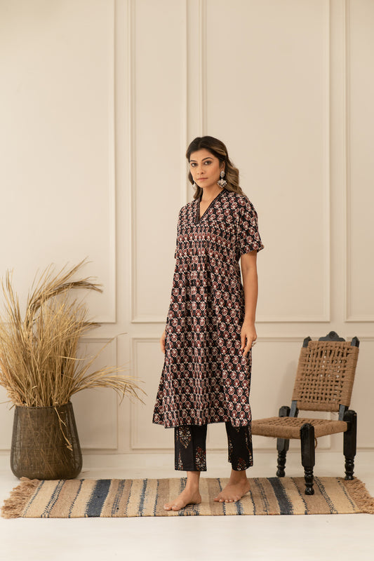 Black Block Print Kurta Set