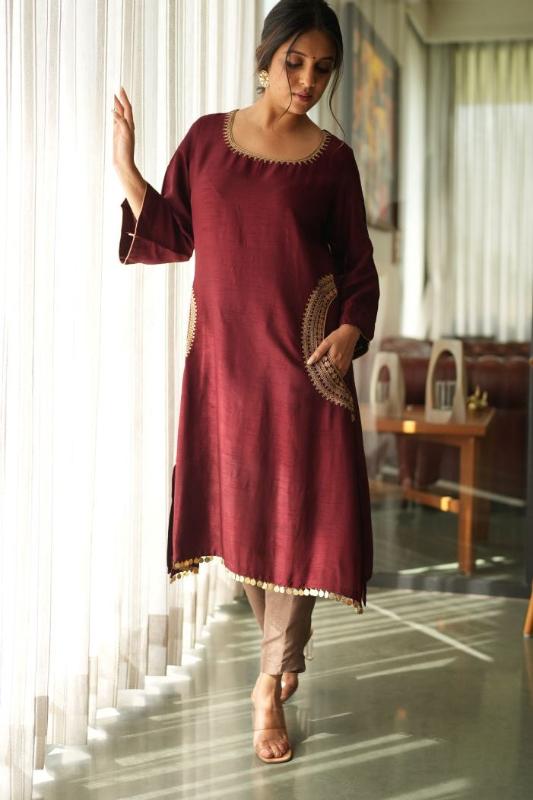 Maroon Serenity Side Pocket Kurta Set