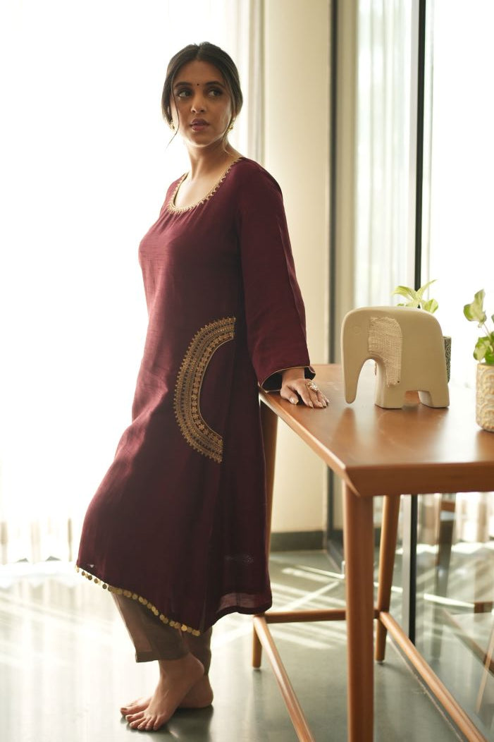 Maroon Serenity Side Pocket Kurta Set