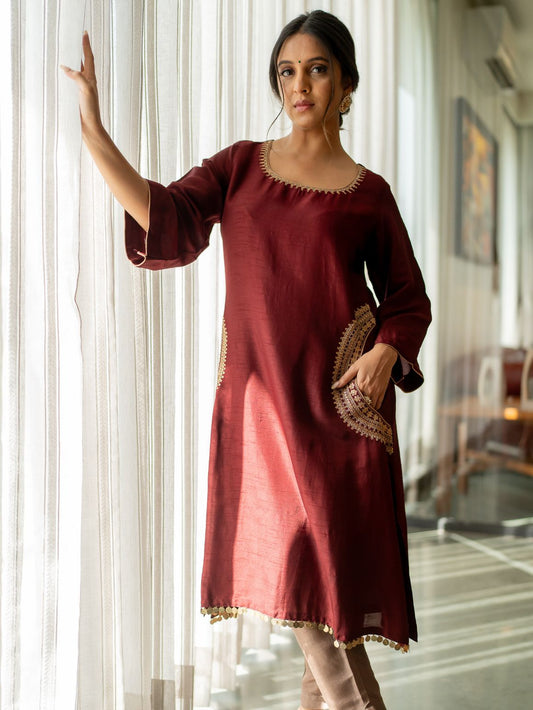 Maroon Serenity Side Pocket Kurta Set