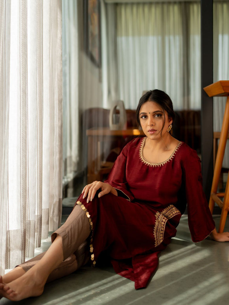 Maroon Serenity Side Pocket Kurta Set