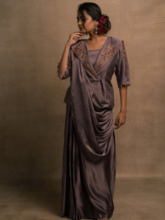 Meraki Mauve Blazer Drape Saree