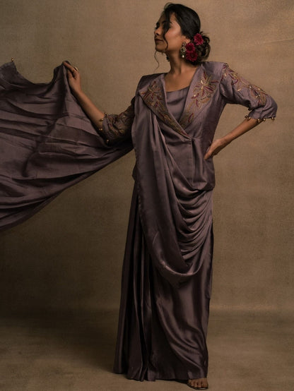 Meraki Mauve Blazer Drape Saree