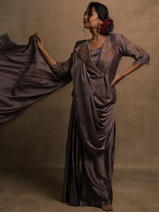 Meraki Mauve Blazer Drape Saree