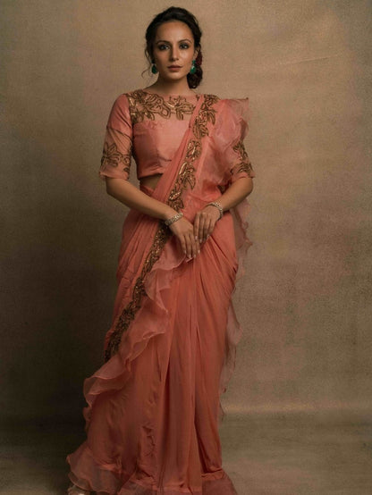 Meraki Peach Ruffle Drape Saree