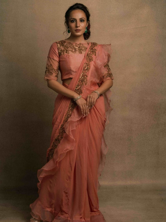Meraki Peach Ruffle Drape Saree