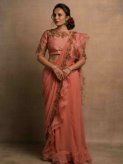 Meraki Peach Ruffle Drape Saree