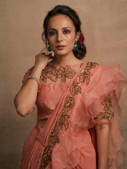 Meraki Peach Ruffle Drape Saree