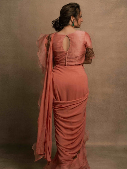 Meraki Peach Ruffle Drape Saree
