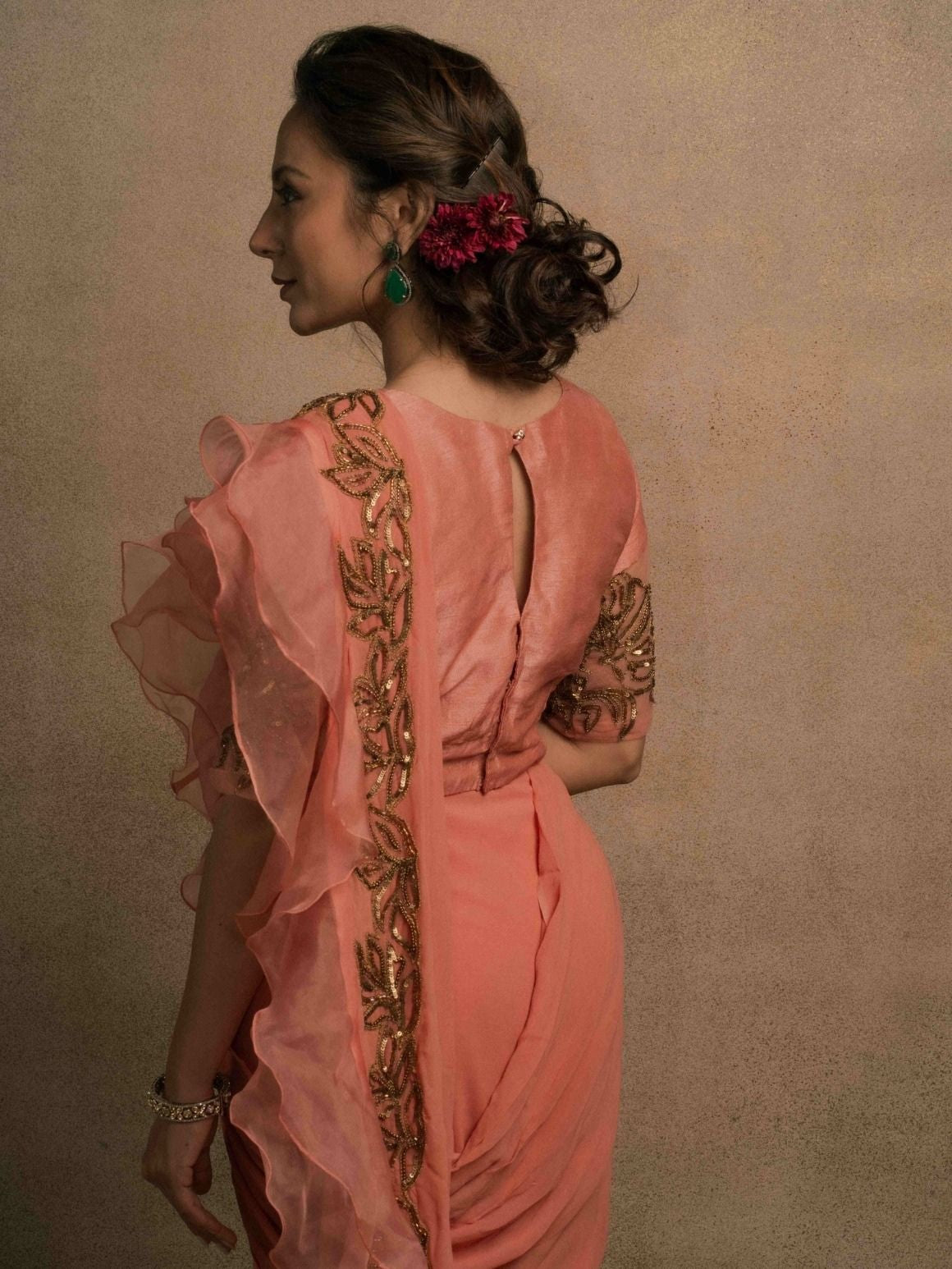 Meraki Peach Ruffle Drape Saree
