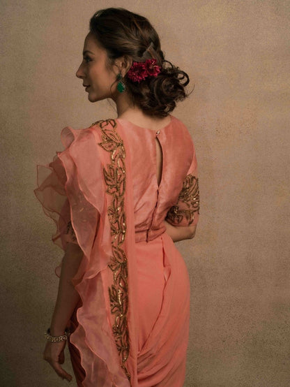 Meraki Peach Ruffle Drape Saree
