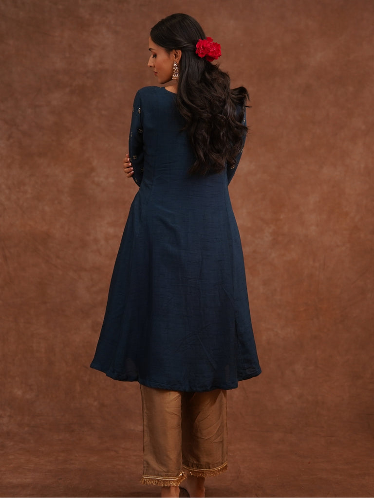 dark blue kurta with gold embroidery for women 