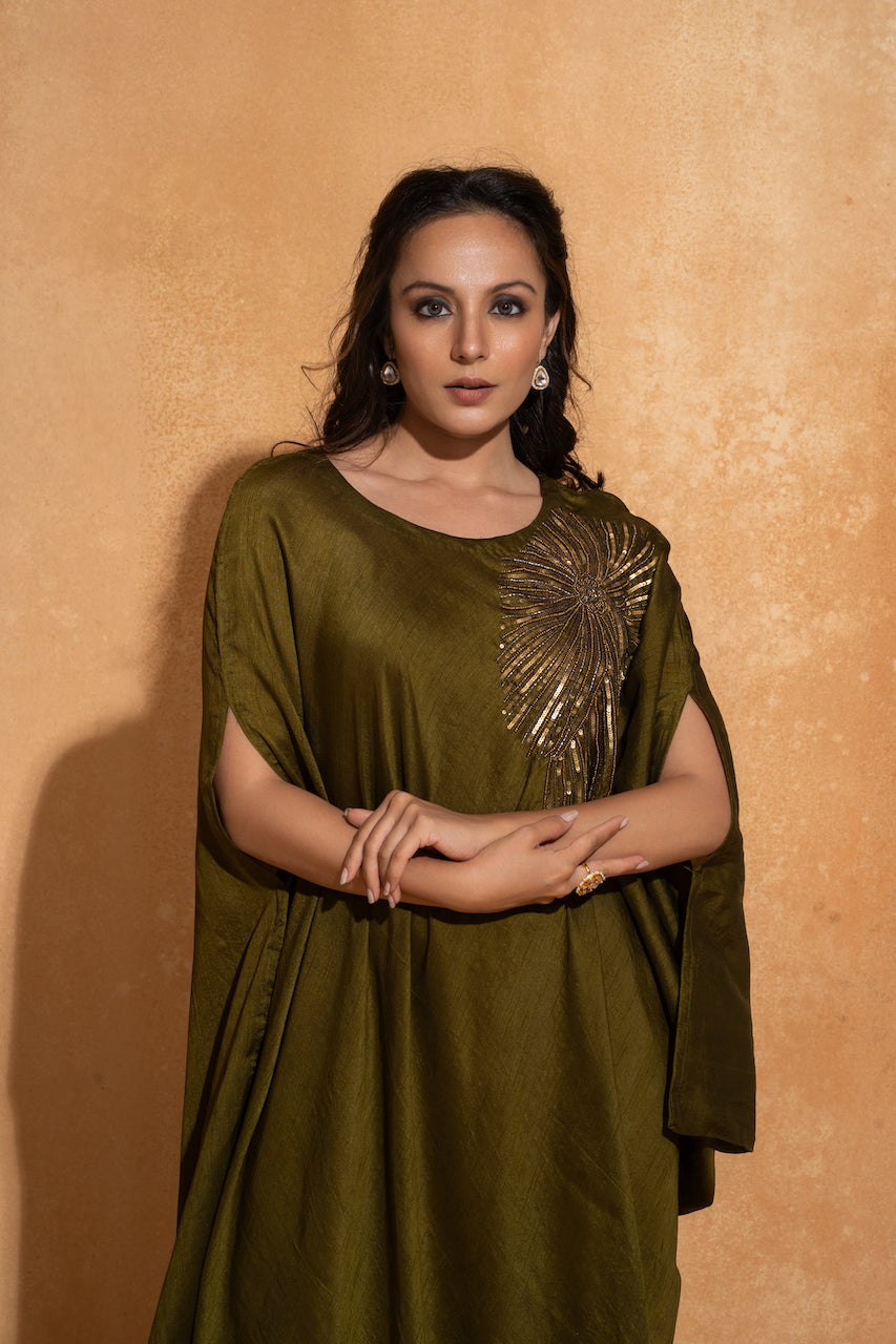 Olive Side Embroidery Kaftan