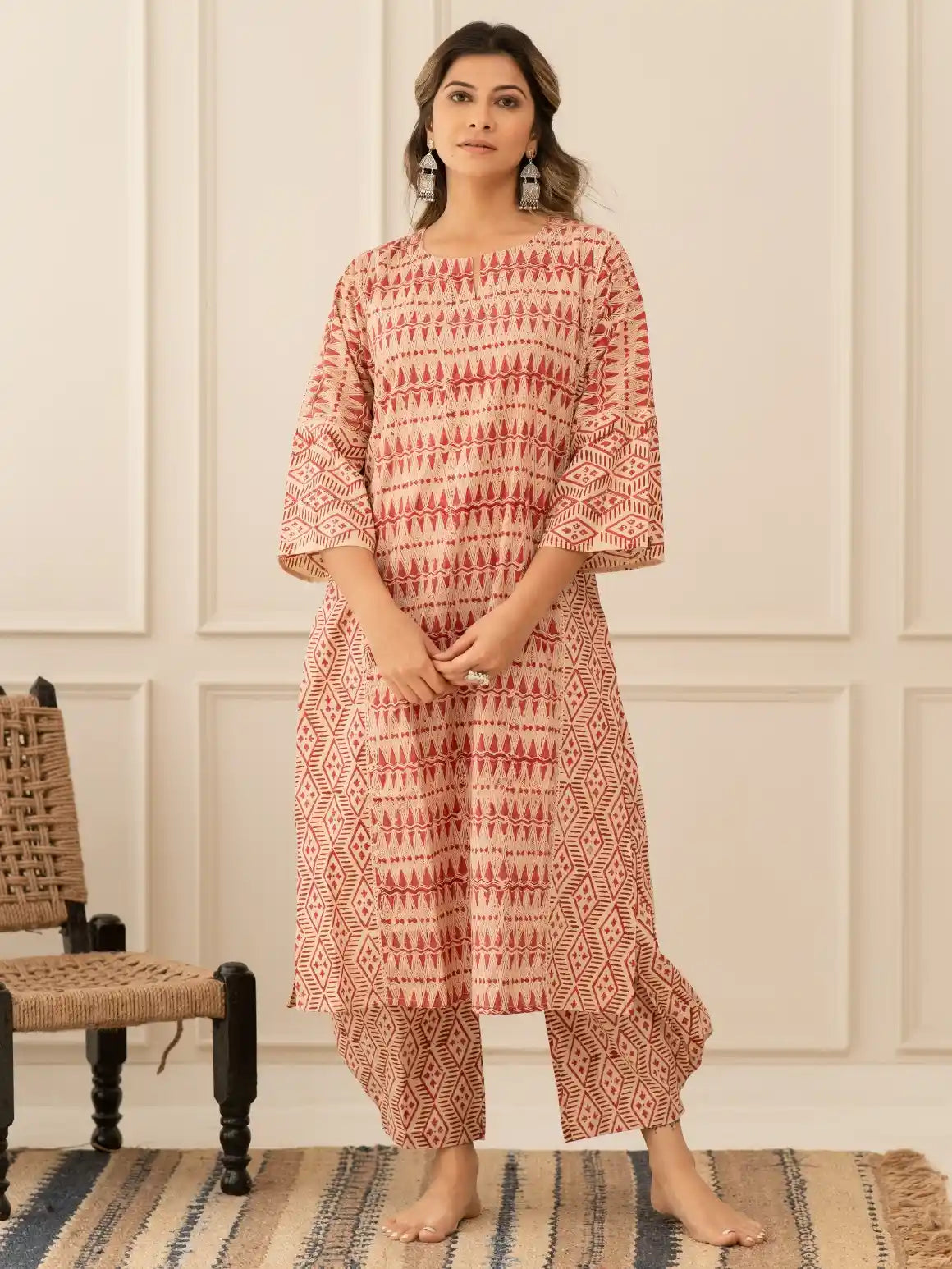 Red Block Print Kurta