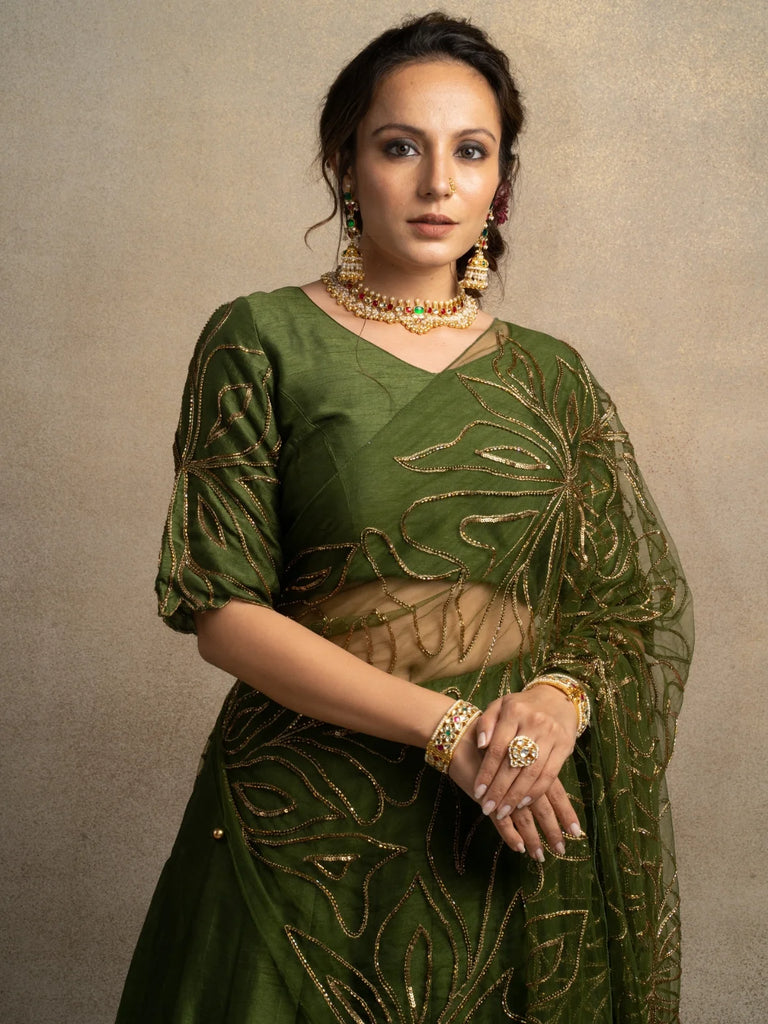 green saree with gold embroidery  for women 