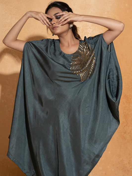 Steel Blue Side Embroidery Kaftan